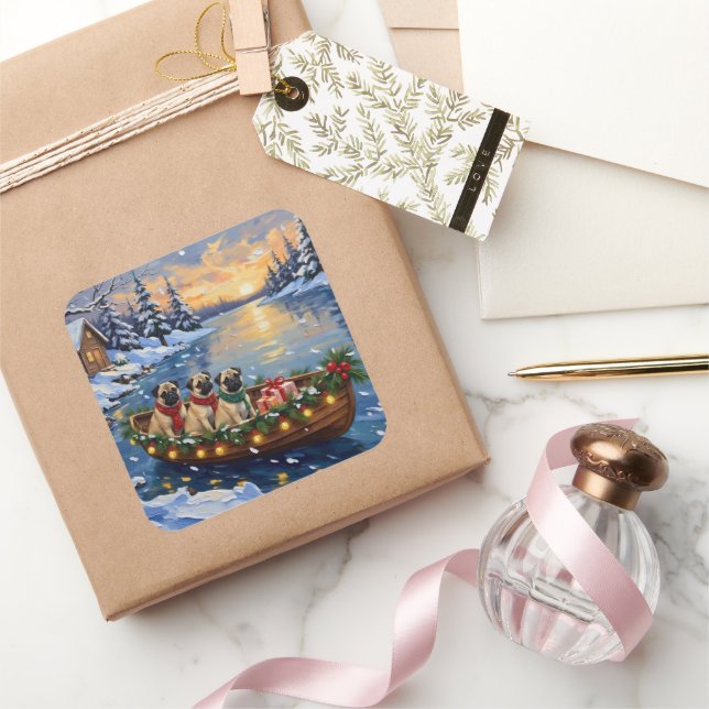 Pug Christmas Boat Holiday Square Sticker (Gifting)