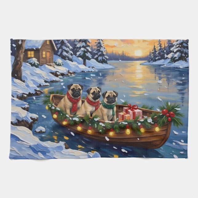 Pug Christmas Boat Holiday Tea Towel (Horizontal)