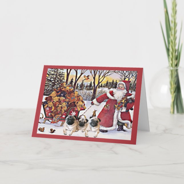 Pug Christmas Card Santa Bears In Sleigh (Front)