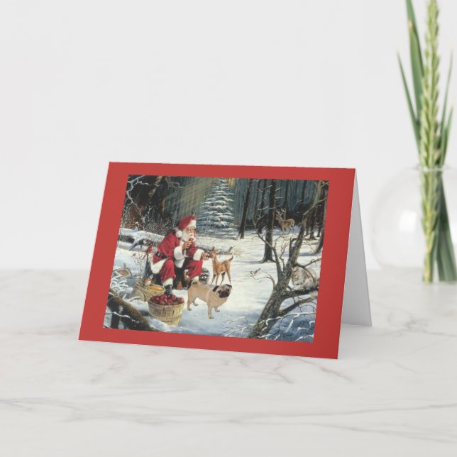 Pug Christmas Card Santa In Woods (Front)