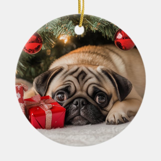 Pug Christmas Ceramic Ornament (Front)