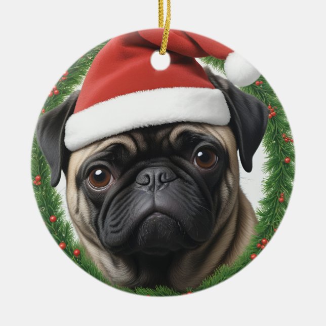Pug Christmas Ceramic Ornament (Front)