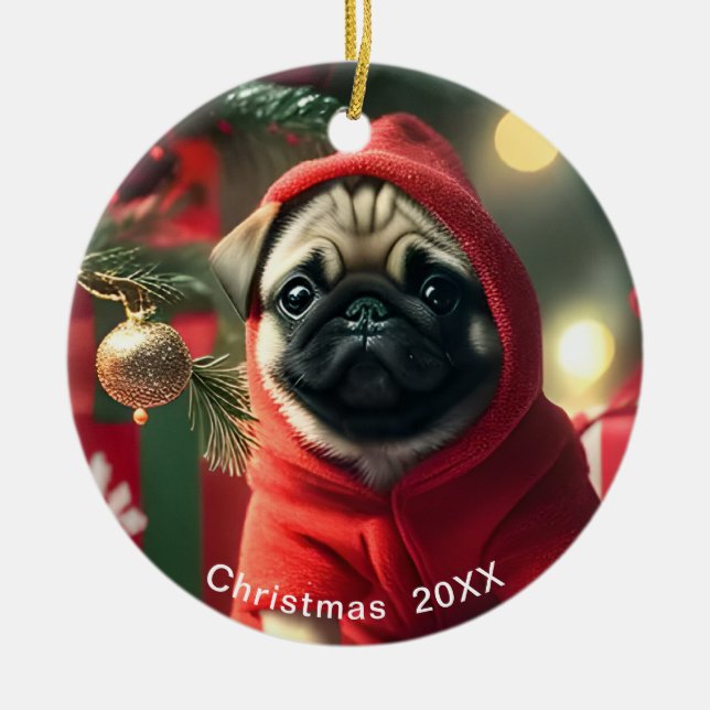  Pug Christmas Date or Add Pet Photo  Ceramic Ornament (Front)