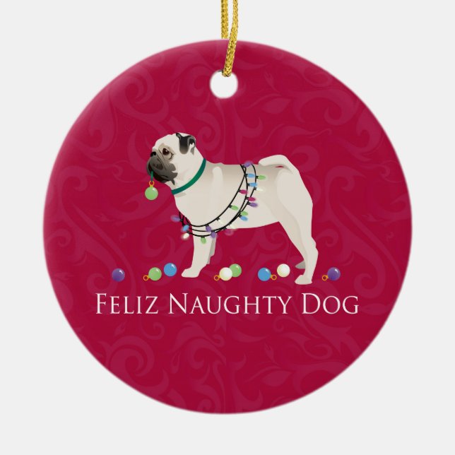 Pug Christmas Design Ceramic Ornament (Front)