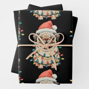 Pug Christmas Dog Sant Hat Xmas Lights Pugmas Wrapping Paper Sheet