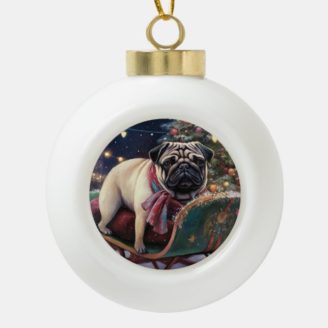 Pug Christmas Festive Season Ceramic Ball Christmas Ornament (Front)