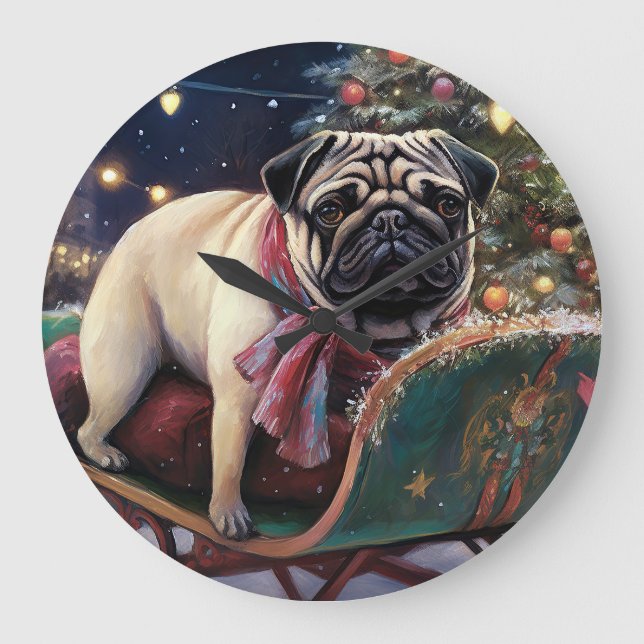 Pug Christmas Festive Season Large Clock (Front)