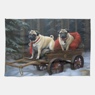 Pug Christmas Festive Season Tea Towel