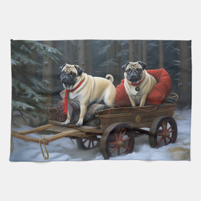 Pug Christmas Festive Season Tea Towel (Horizontal)