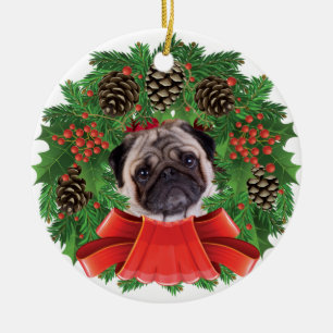 Pug Christmas Holiday Wreath Ceramic Ornament