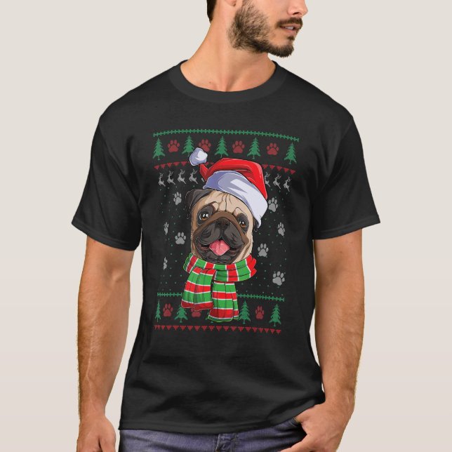 Pug Christmas Lights Santa Hat Dog  Ugly Sweater (Front)