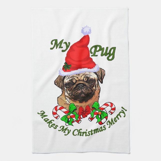 Pug Christmas Merry Tea Towel (Vertical)