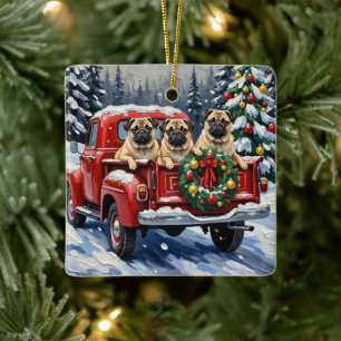 Pug Christmas Red Truck Holiday Ceramic Ornament
