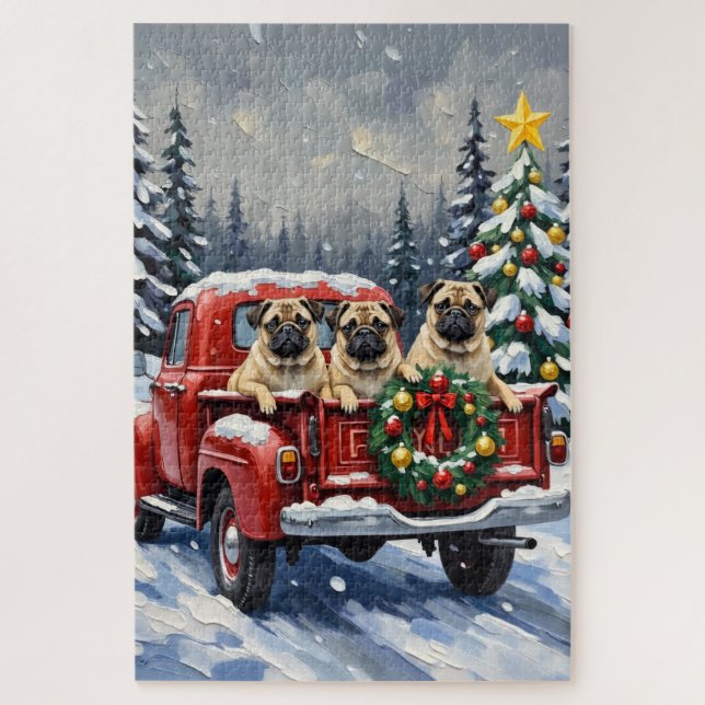 Pug Christmas Red Truck Holiday Jigsaw Puzzle (Vertical)