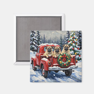 Pug Christmas Red Truck Holiday Magnet