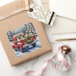 Pug Christmas Red Truck Holiday Square Sticker