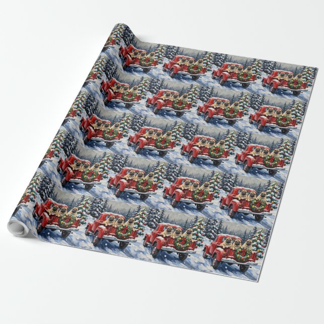 Pug Christmas Red Truck Holiday Wrapping Paper (Unrolled)