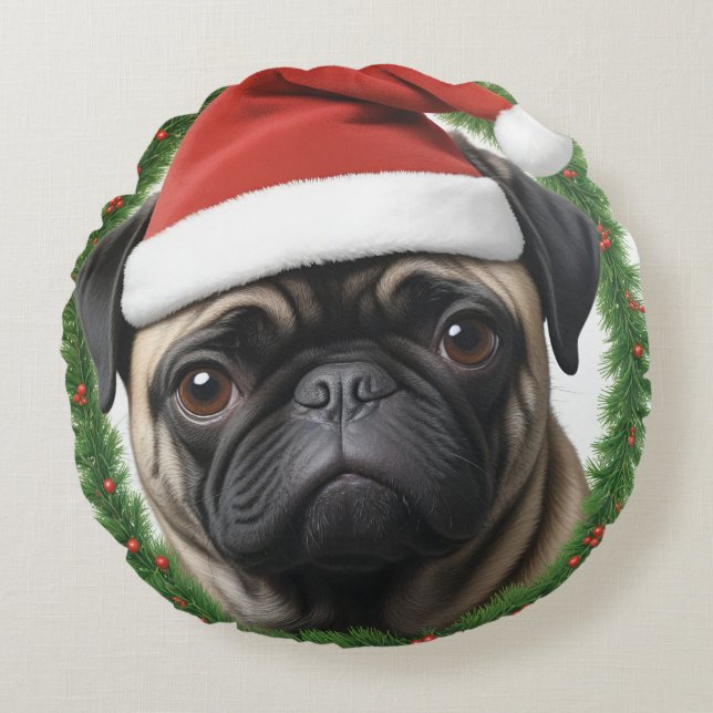 Pug Christmas Round Cushion (Front)