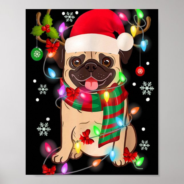 Pug Christmas Tree Lights Santa Dog Xmas Boys Pugm Poster (Front)