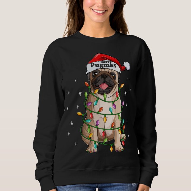 Pug Christmas Tree Lights Santa Dog Xmas Funny Mer Sweatshirt (Front)