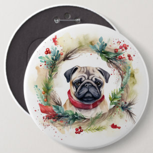 Pug Christmas Wreath Festive Pup  6 Cm Round Badge
