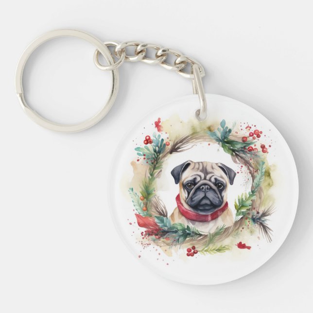 Pug Christmas Wreath Festive Pup  Key Ring (Front)