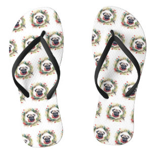 Pug Christmas Wreath Festive Pup  Thongs