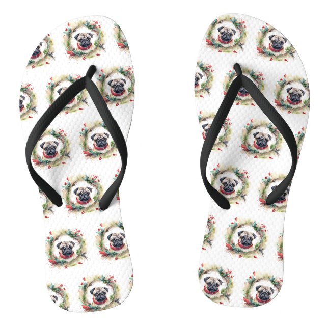Pug Christmas Wreath Festive Pup  Thongs (Footbed)