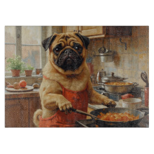 Pug Cooking in Kitchen Cutting Board