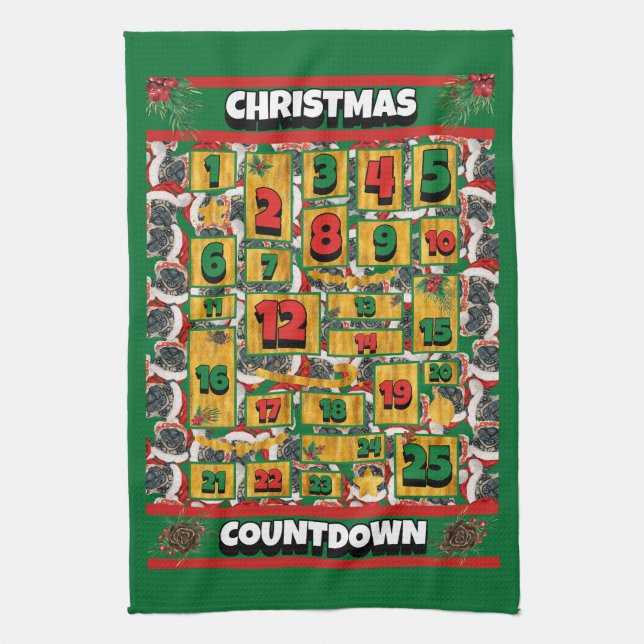 Pug Countdown Christmas Advent Calendar Dog Tea Towel (Vertical)