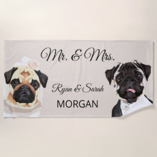 Pug Couple Bride Groom Mr and Mrs Beach Towel