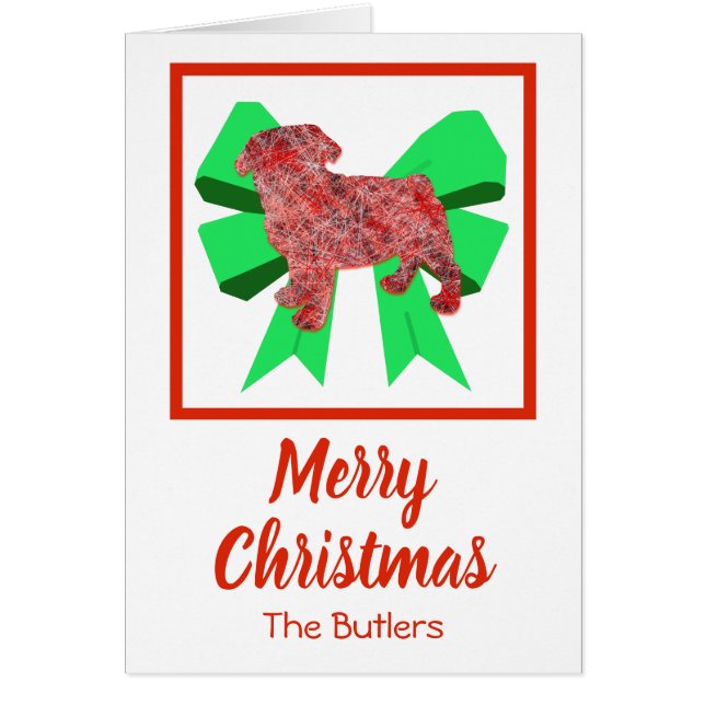 Pug Cute Christmas Dog & Green Bow Card (Front)
