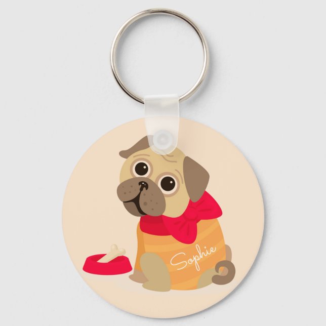 Pug cute dog personalised name key ring (Front)