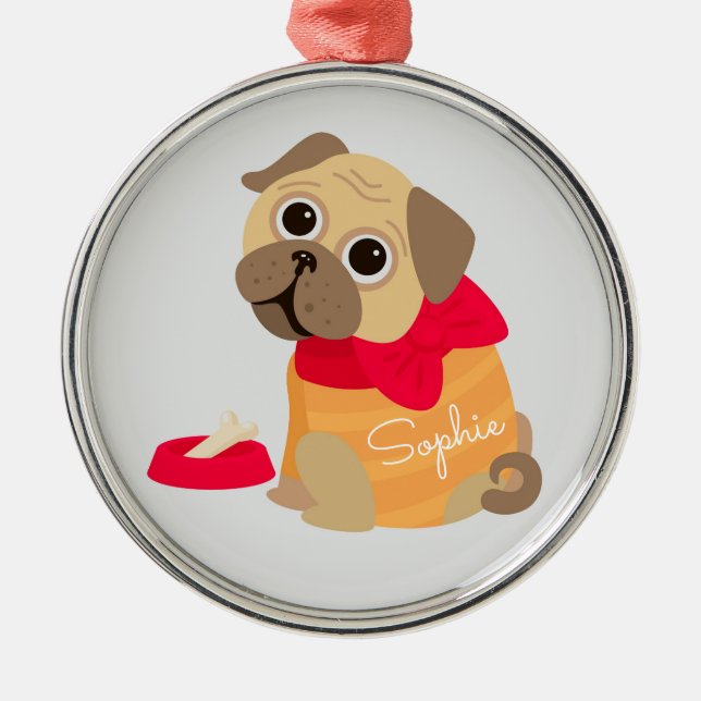 Pug cute dog personalised name metal ornament (Front)