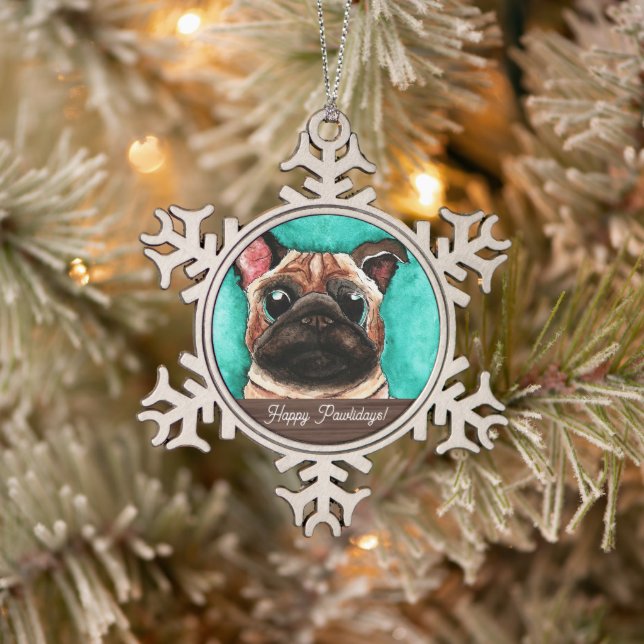 Pug Cute Watercolor, Pet, Snowflake Ornament (Tree)
