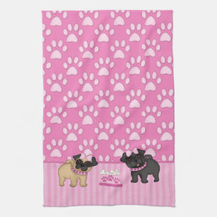 Pug Cuties Pink Stripes and Paws Tea Towel