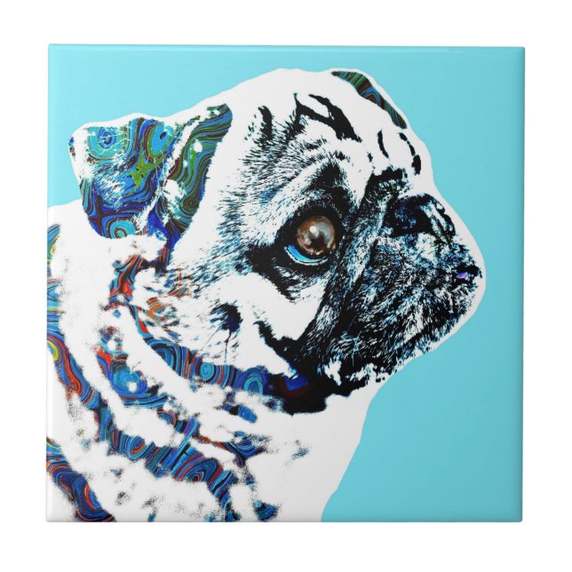 Pug Dog 166 blue background Ceramic Tile (Front)