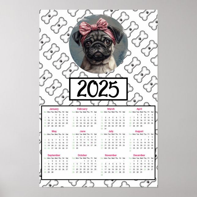 Pug Dog and Bones 2025 Calendar  Poster (Front)