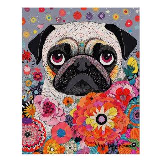 Pug Dog and Flowers 001 - Tailor jewel Poster