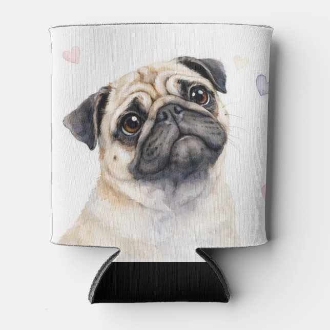 Pug Dog and Hearts Cute Can Cooler (Front)