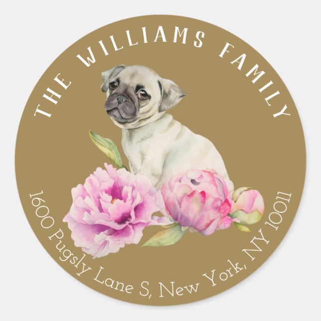 Pug Dog and Peony Flowers | Family Address Label (Front)