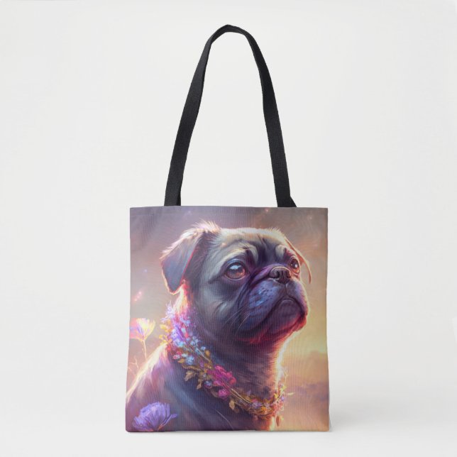 Pug Dog Animal Portrait Painting Pet Character Tote Bag (Front)