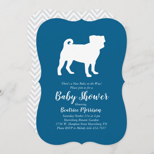 Pug Dog Baby Shower Blue for Boy Invitation (Front/Back)