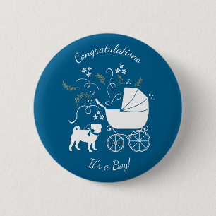 Pug Dog Baby Shower Boy Blue with Bow 6 Cm Round Badge