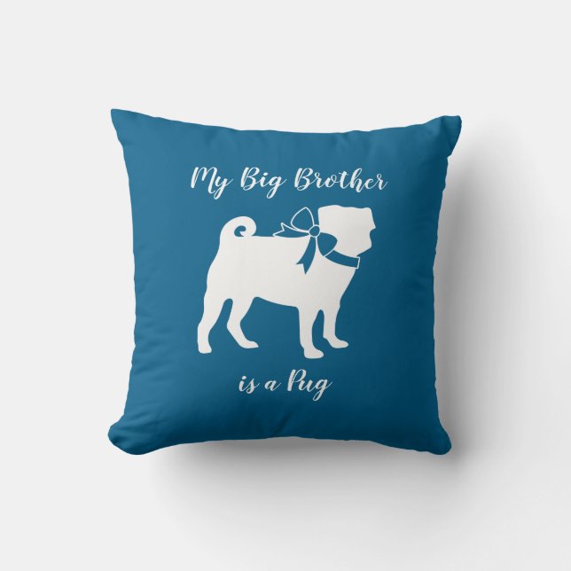 Pug Dog Baby Shower Boy Blue with Bow Cushion (Front)
