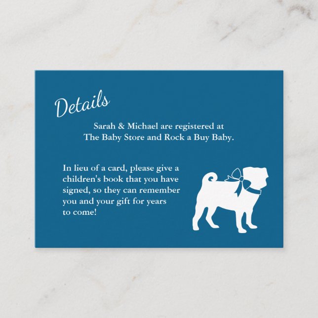 Pug Dog Baby Shower Boy Blue with Bow Enclosure Card (Front)