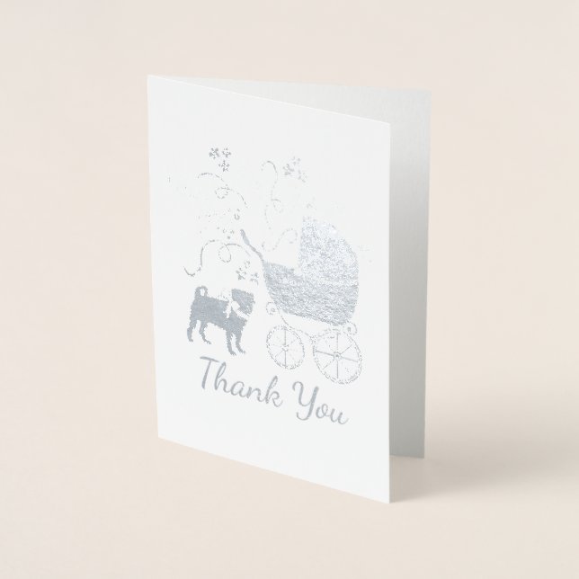 Pug Dog Baby Shower Boy Blue with Bow Foil Card (Front)