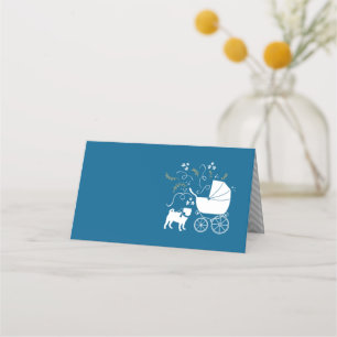 Pug Dog Baby Shower Boy Blue with Bow Place Card