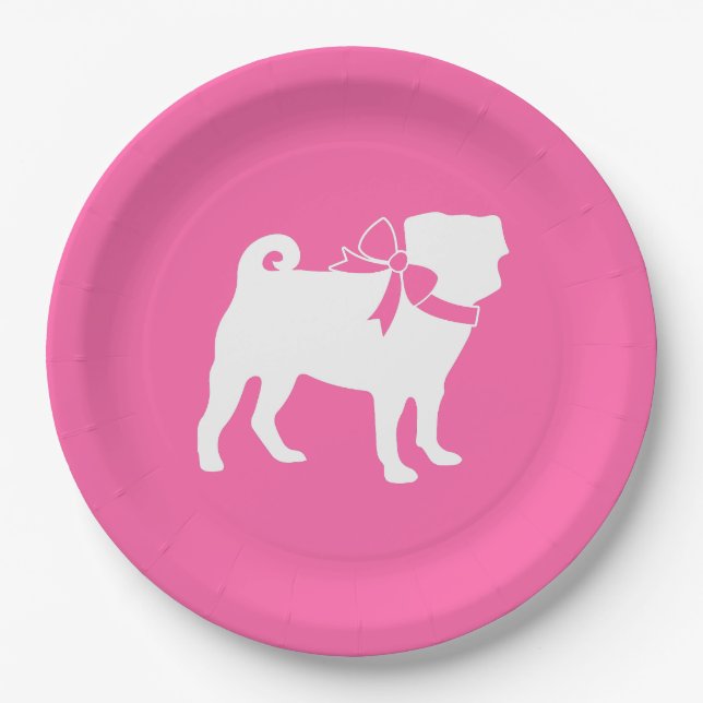 Pug Dog Baby Shower Girl Pink with Bow Paper Plate (Front)