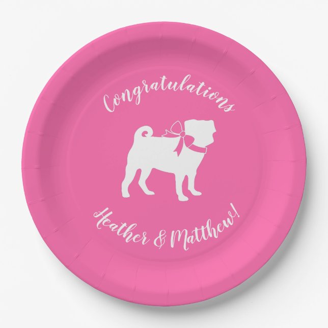 Pug Dog Baby Shower Girl Pink with Bow Paper Plate (Front)